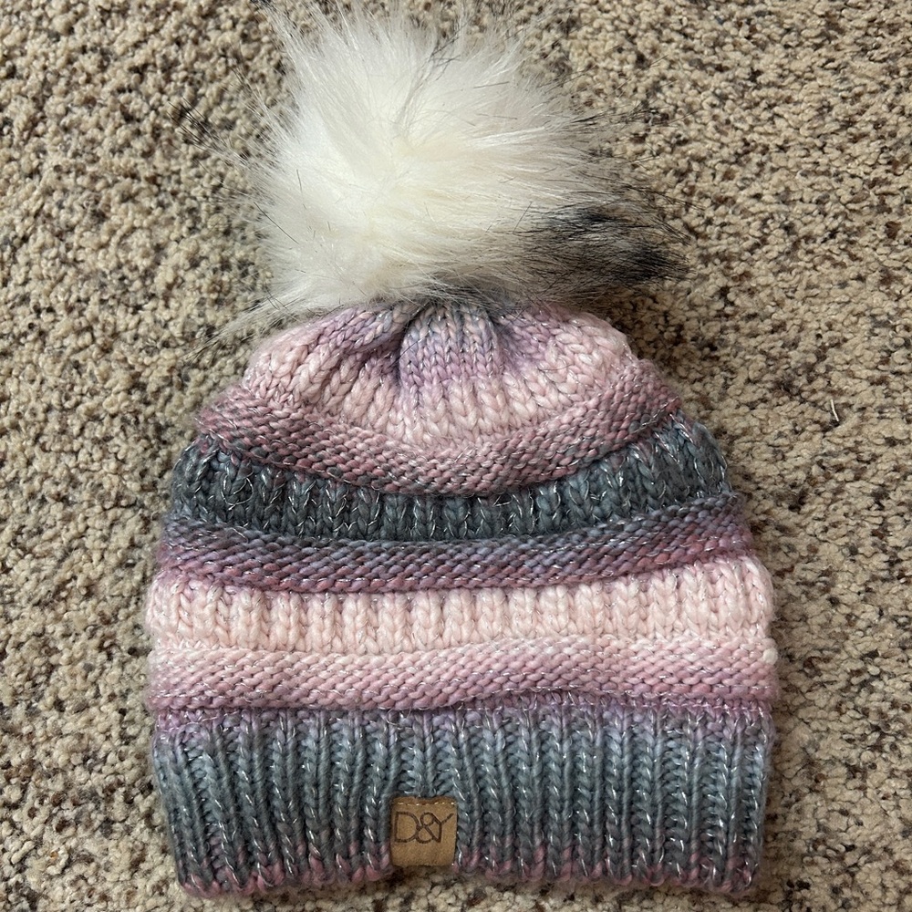 D&Y Kids Pink and Gray Knit Beanie with Pom-Pom